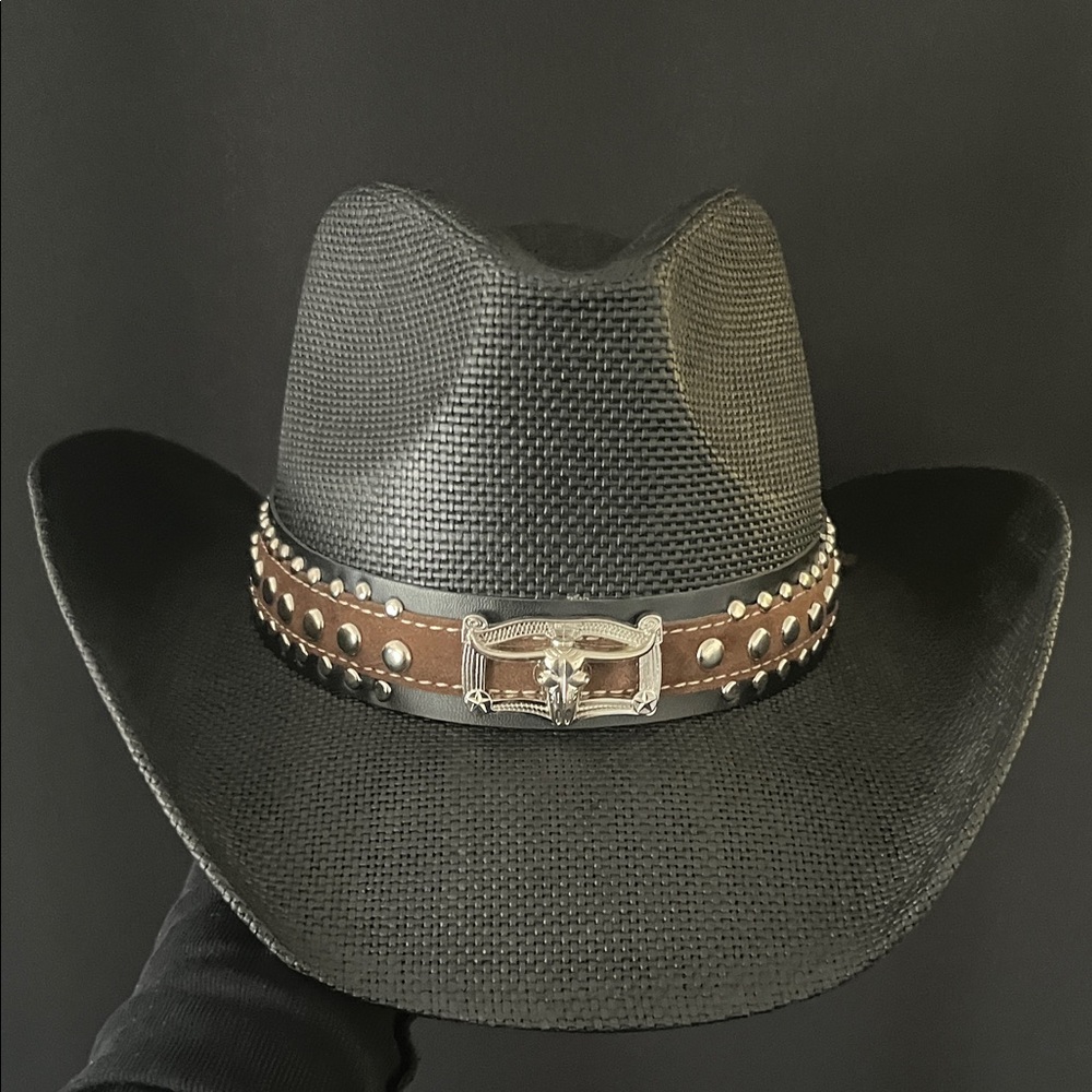 Black Straw Cowboy Hat with Brown Studded Leather Band